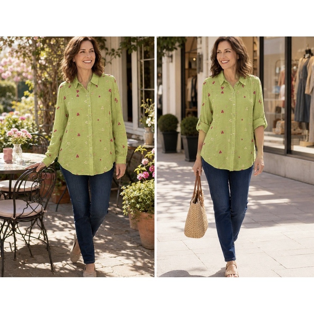 FIGUEROA & FLOWER Embroidered Blouse Size L Green Button Down Roll Tab Sleeve